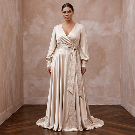 Plus Size Champagne Liquid Satin Long Sleeve Wrap Wedding Dress