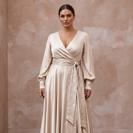 Plus Size Champagne Liquid Satin Long Sleeve Wrap Wedding Dress