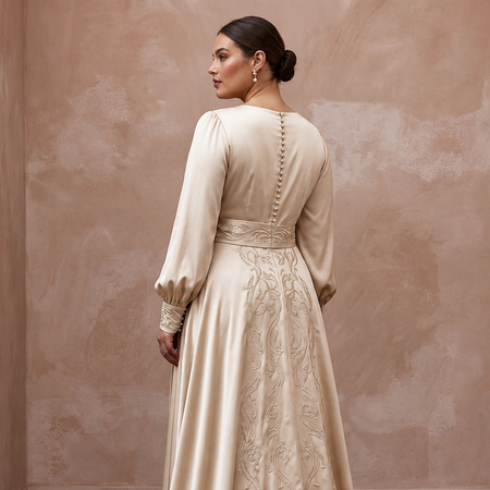 Plus Size Champagne Liquid Satin Long Sleeve Wrap Wedding Dress