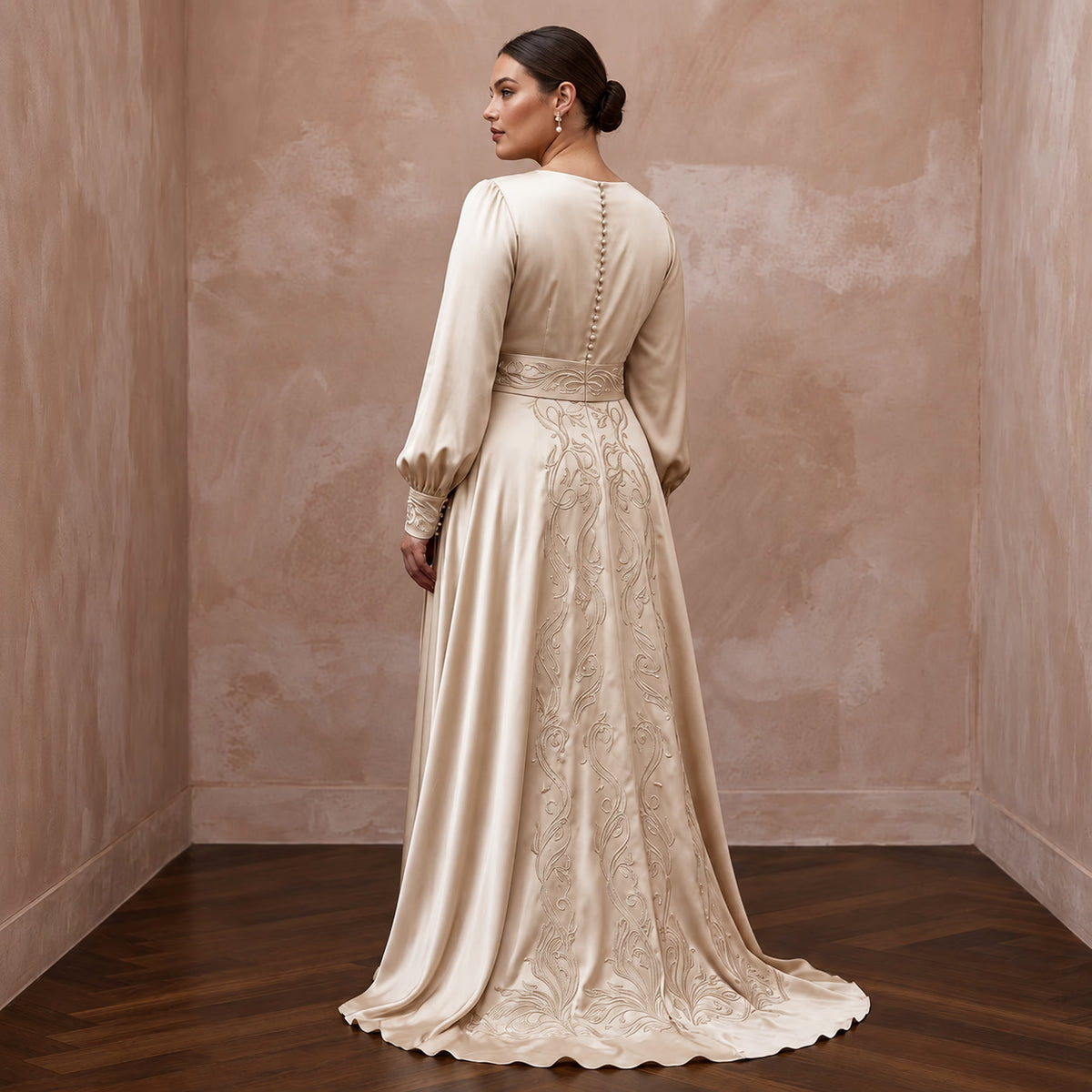 Plus Size Champagne Liquid Satin Long Sleeve Wrap Wedding Dress