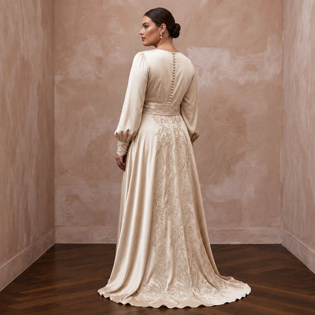 Plus Size Champagne Liquid Satin Long Sleeve Wrap Wedding Dress