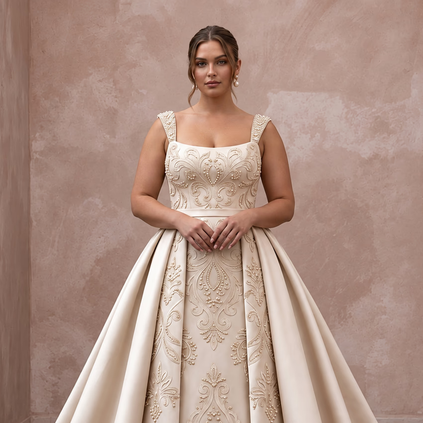 Plus Size Champagne Mikado Silk Ball Gown with Detachable Overskirt