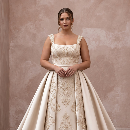 Plus Size Champagne Mikado Silk Ball Gown with Detachable Overskirt