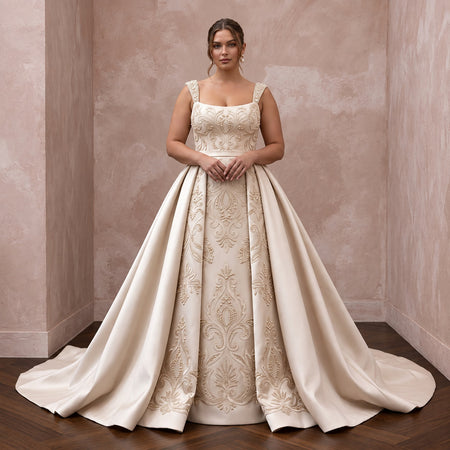 Plus Size Champagne Mikado Silk Ball Gown with Detachable Overskirt