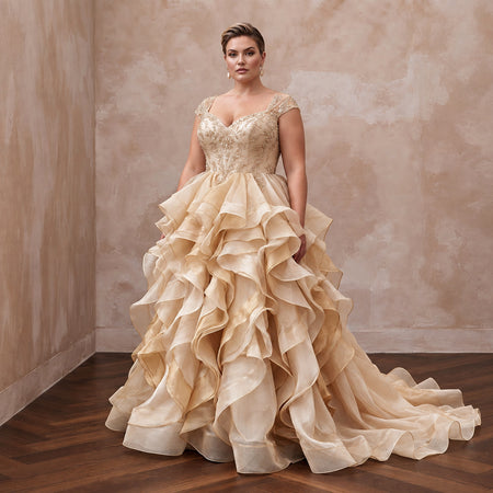 Plus Size Champagne Organza Layered Ruffle Ball Gown