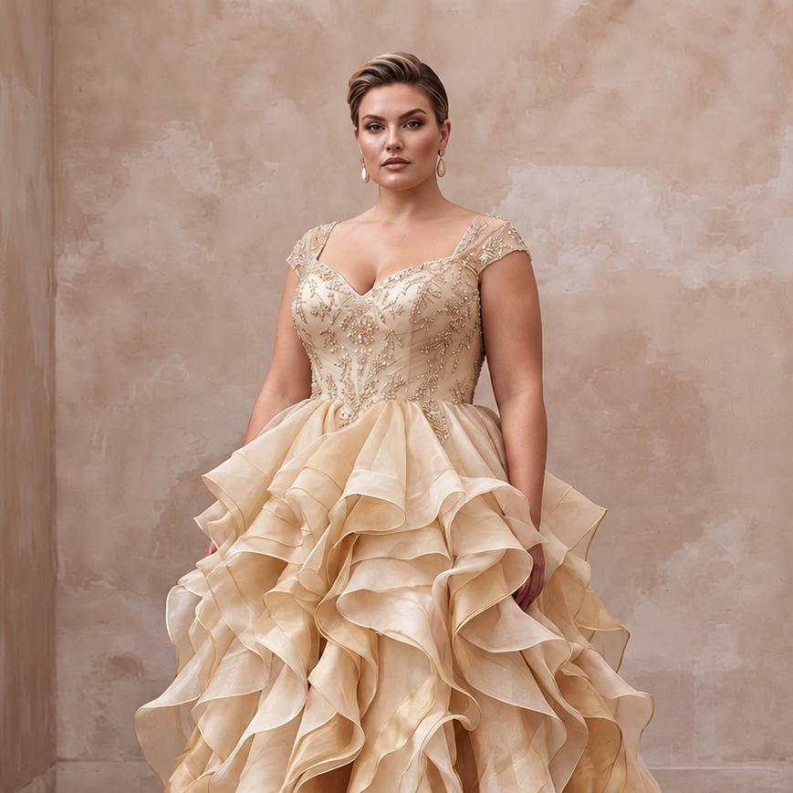 Plus Size Champagne Organza Layered Ruffle Ball Gown