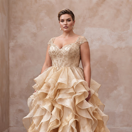Plus Size Champagne Organza Layered Ruffle Ball Gown