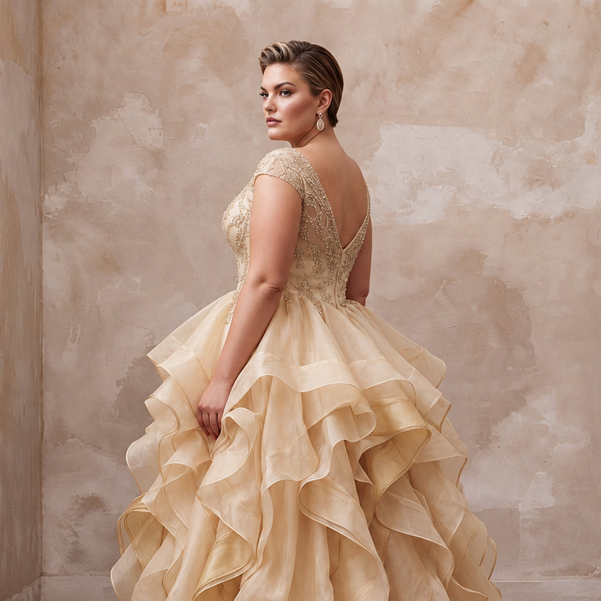 Plus Size Champagne Organza Layered Ruffle Ball Gown