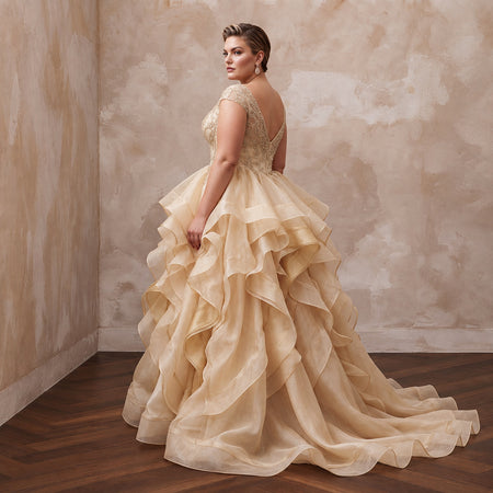 Plus Size Champagne Organza Layered Ruffle Ball Gown