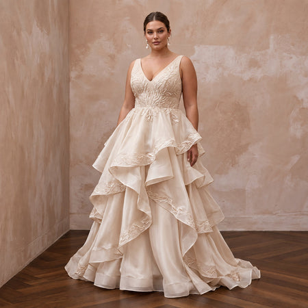 Plus Size Champagne Organza Ruffled Tiered Skirt Beach Bridal Dress - Apparel & Accessories > Clothing > Wedding & Bridal Party Dresses > Wedding Dresses - Mignonette Bridal