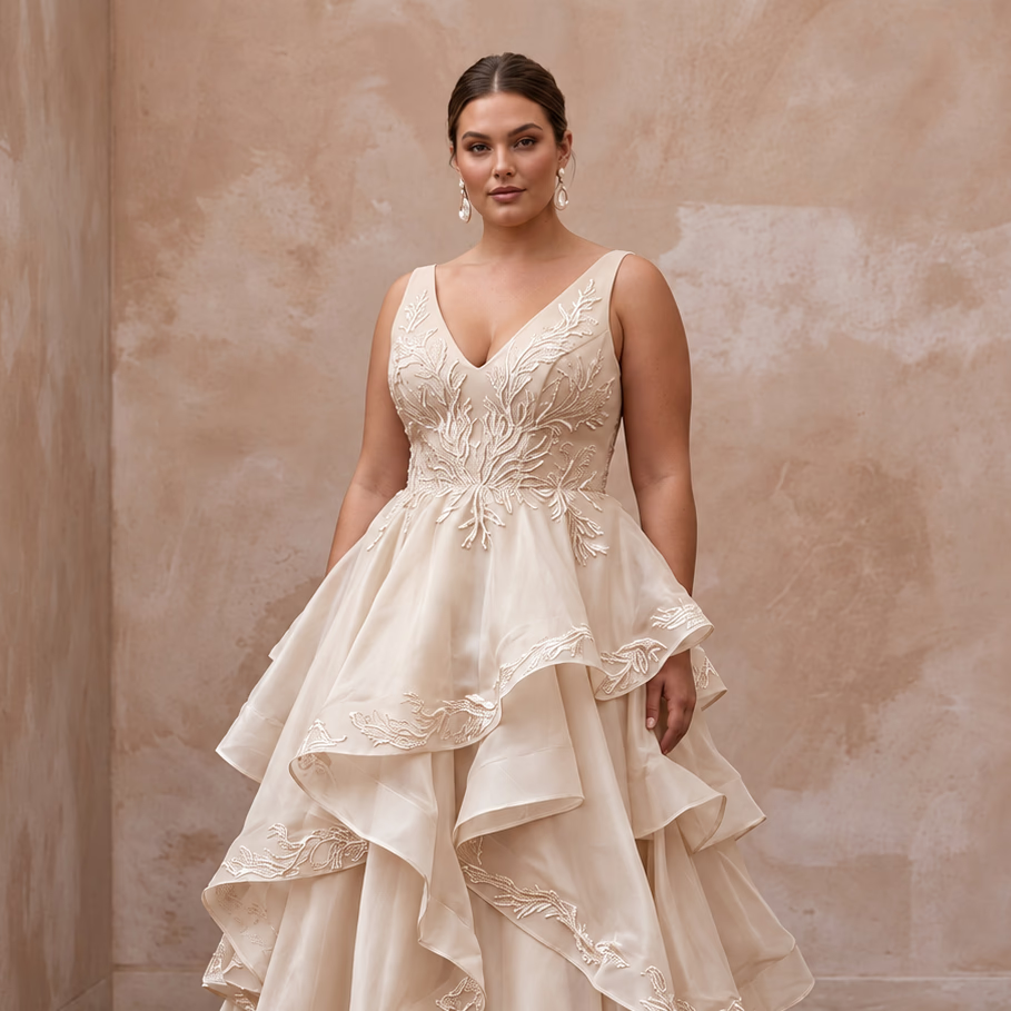 Plus Size Champagne Organza Ruffled Tiered Skirt Beach Bridal Dress - Apparel & Accessories > Clothing > Wedding & Bridal Party Dresses > Wedding Dresses - Mignonette Bridal