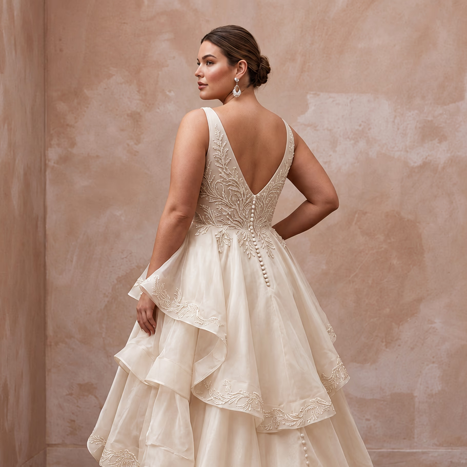 Plus Size Champagne Organza Ruffled Tiered Skirt Beach Bridal Dress - Apparel & Accessories > Clothing > Wedding & Bridal Party Dresses > Wedding Dresses - Mignonette Bridal