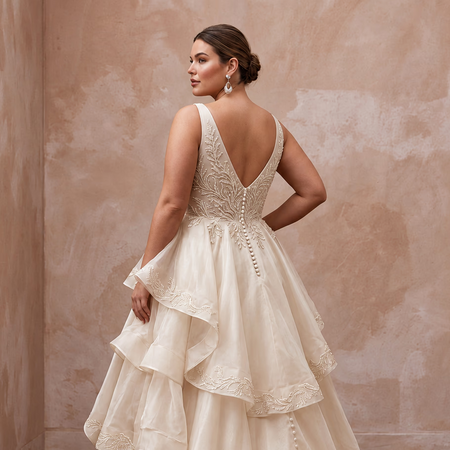 Plus Size Champagne Organza Ruffled Tiered Skirt Beach Bridal Dress - Apparel & Accessories > Clothing > Wedding & Bridal Party Dresses > Wedding Dresses - Mignonette Bridal