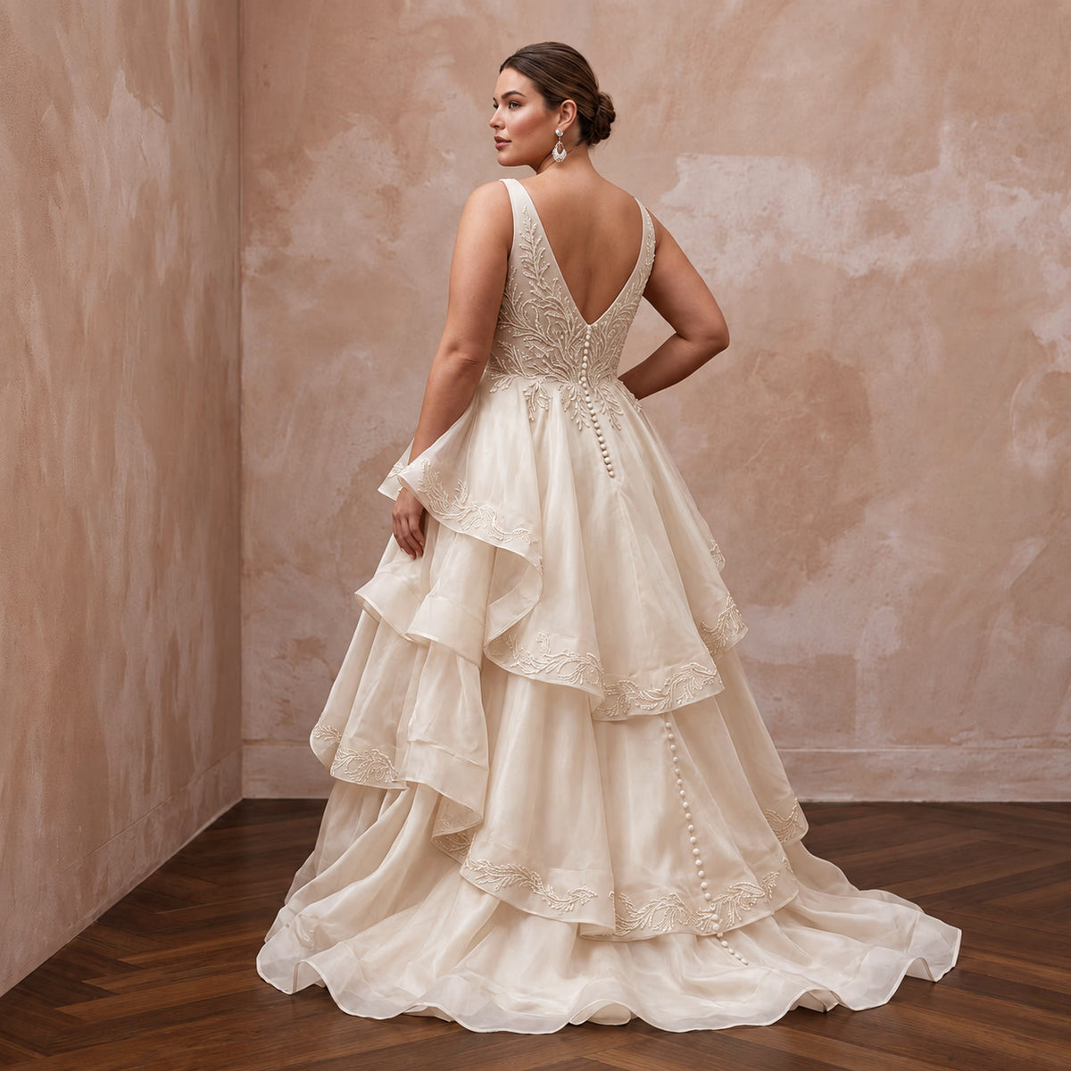 Plus Size Champagne Organza Ruffled Tiered Skirt Beach Bridal Dress - Apparel & Accessories > Clothing > Wedding & Bridal Party Dresses > Wedding Dresses - Mignonette Bridal