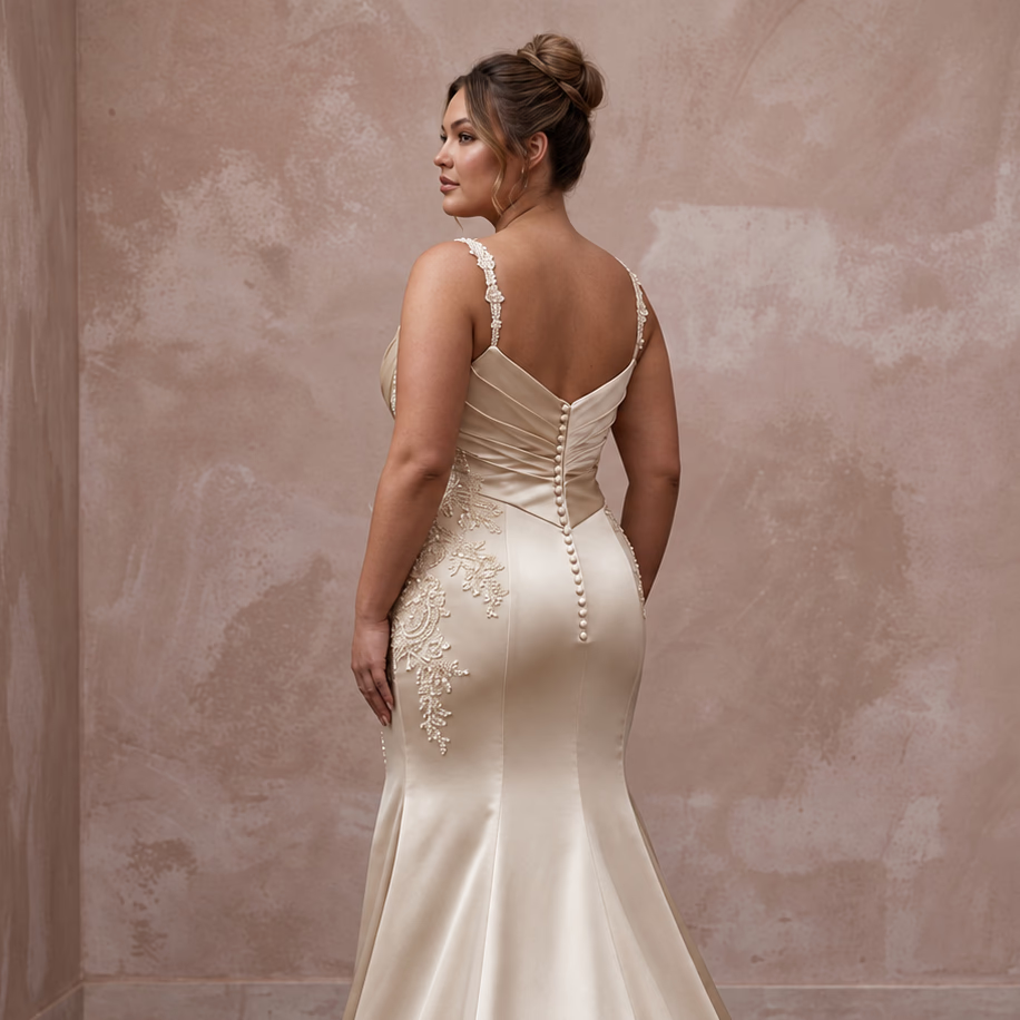 Plus Size Champagne Silk Draped Bodice Trumpet Wedding Dress