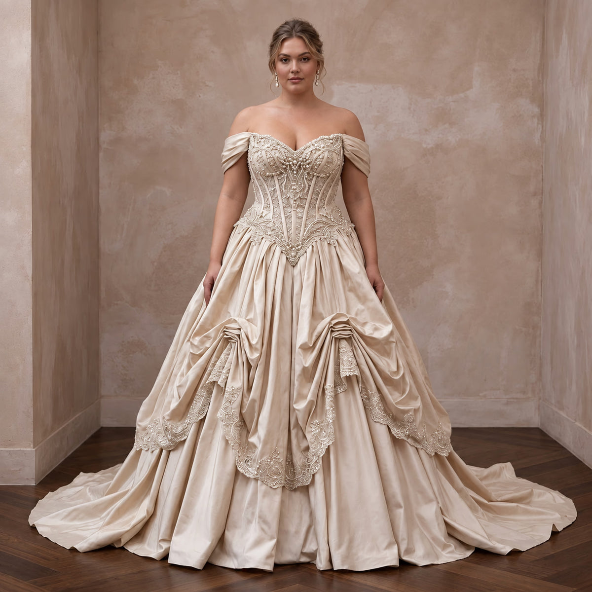 Plus Size Champagne Taffeta Dropped Waist Corset Bridal Ball Gown - Apparel & Accessories > Clothing > Wedding & Bridal Party Dresses > Wedding Dresses - Mignonette Bridal