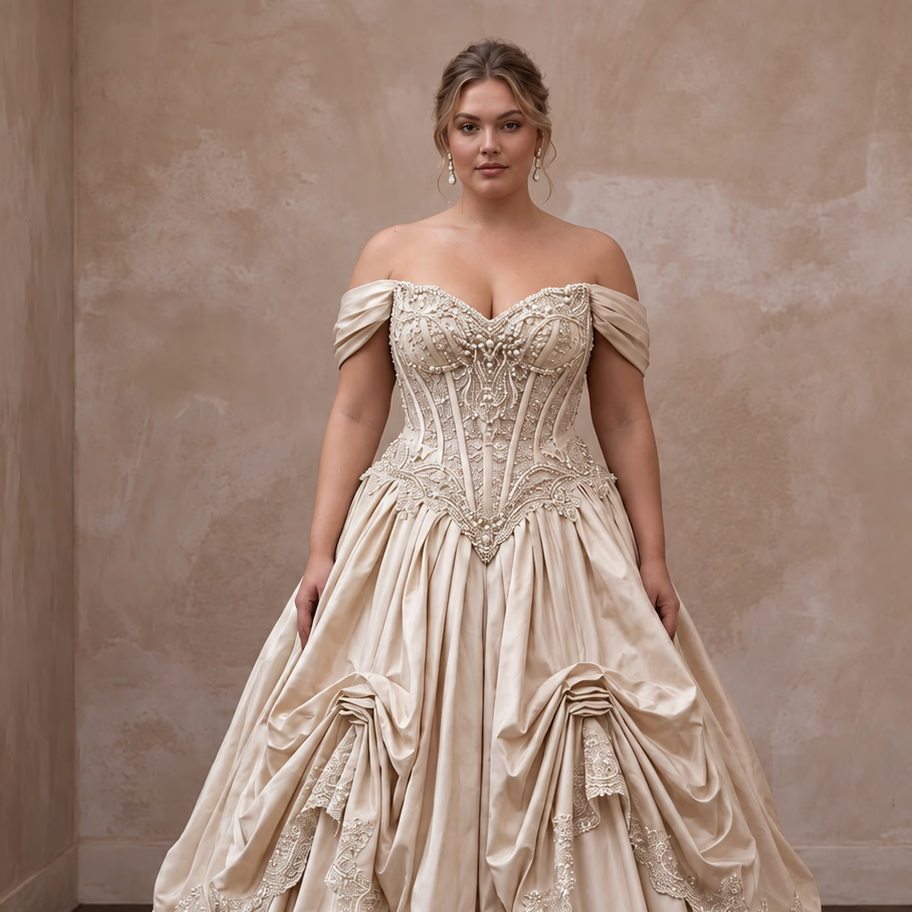 Plus Size Champagne Taffeta Dropped Waist Corset Bridal Ball Gown - Apparel & Accessories > Clothing > Wedding & Bridal Party Dresses > Wedding Dresses - Mignonette Bridal