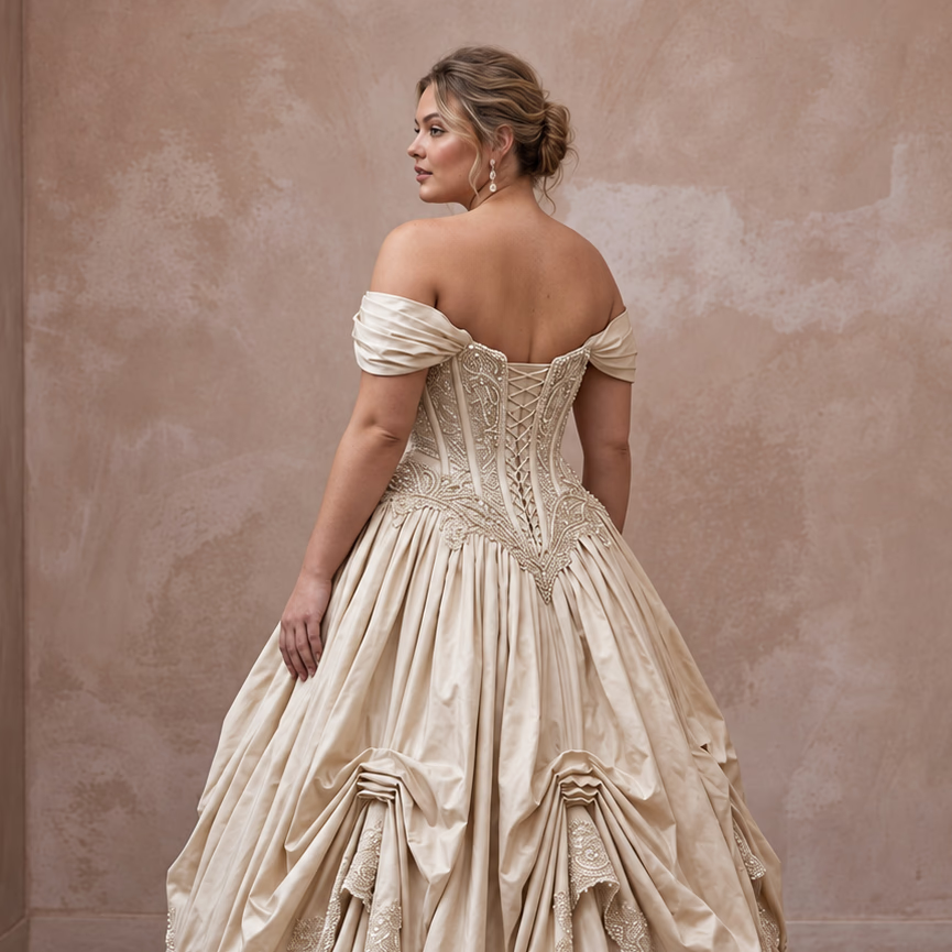 Plus Size Champagne Taffeta Dropped Waist Corset Bridal Ball Gown - Apparel & Accessories > Clothing > Wedding & Bridal Party Dresses > Wedding Dresses - Mignonette Bridal