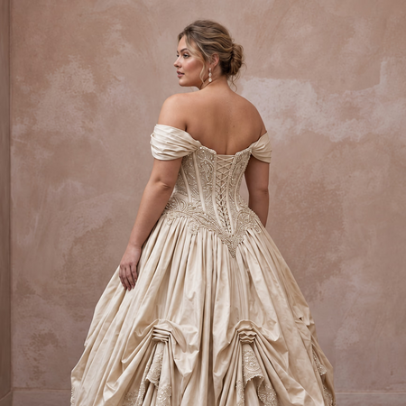 Plus Size Champagne Taffeta Dropped Waist Corset Bridal Ball Gown - Apparel & Accessories > Clothing > Wedding & Bridal Party Dresses > Wedding Dresses - Mignonette Bridal