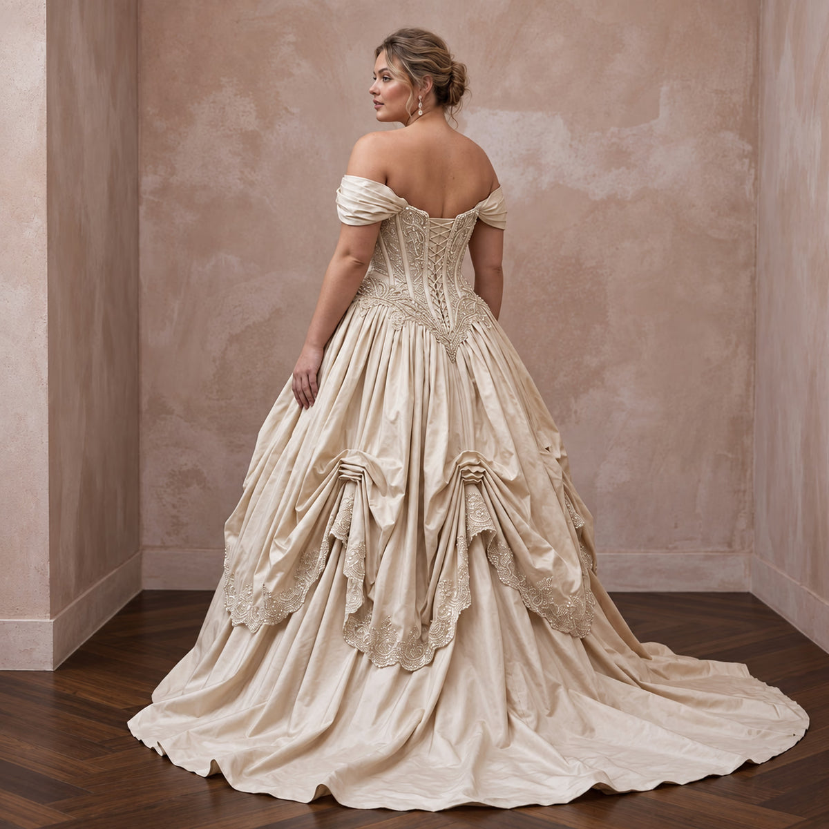 Plus Size Champagne Taffeta Dropped Waist Corset Bridal Ball Gown - Apparel & Accessories > Clothing > Wedding & Bridal Party Dresses > Wedding Dresses - Mignonette Bridal