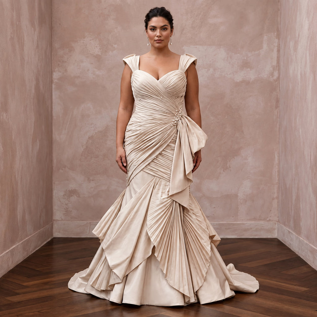 Plus Size Champagne Taffeta Ruched Bodice Mermaid Wedding Dress