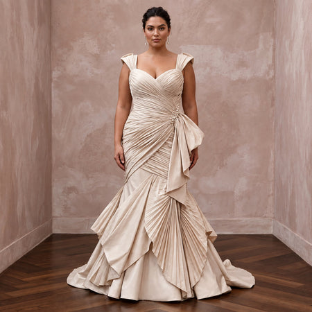 Plus Size Champagne Taffeta Ruched Bodice Mermaid Wedding Dress