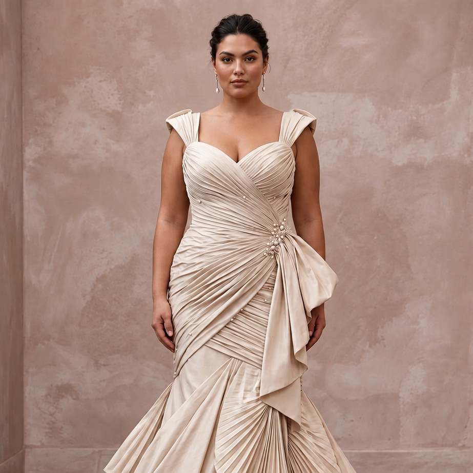 Plus Size Champagne Taffeta Ruched Bodice Mermaid Wedding Dress