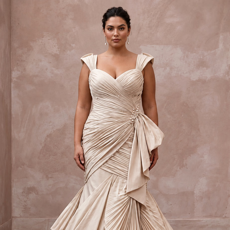 Plus Size Champagne Taffeta Ruched Bodice Mermaid Wedding Dress