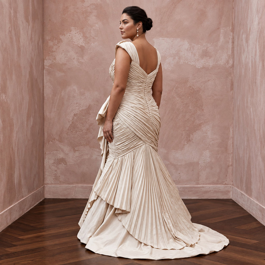 Plus Size Champagne Taffeta Ruched Bodice Mermaid Wedding Dress