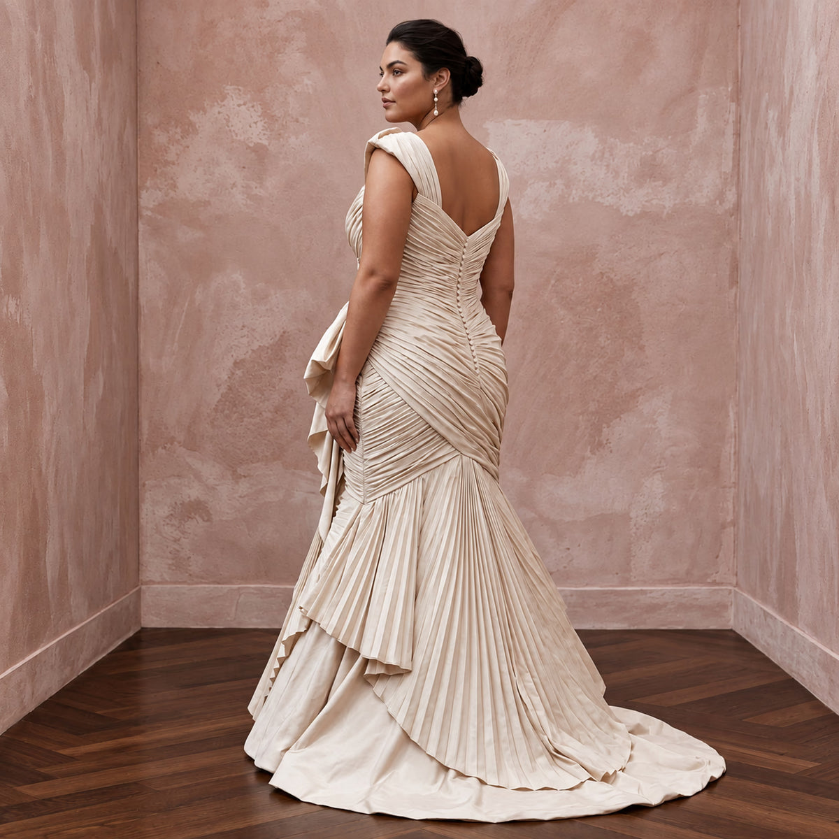 Plus Size Champagne Taffeta Ruched Bodice Mermaid Wedding Dress