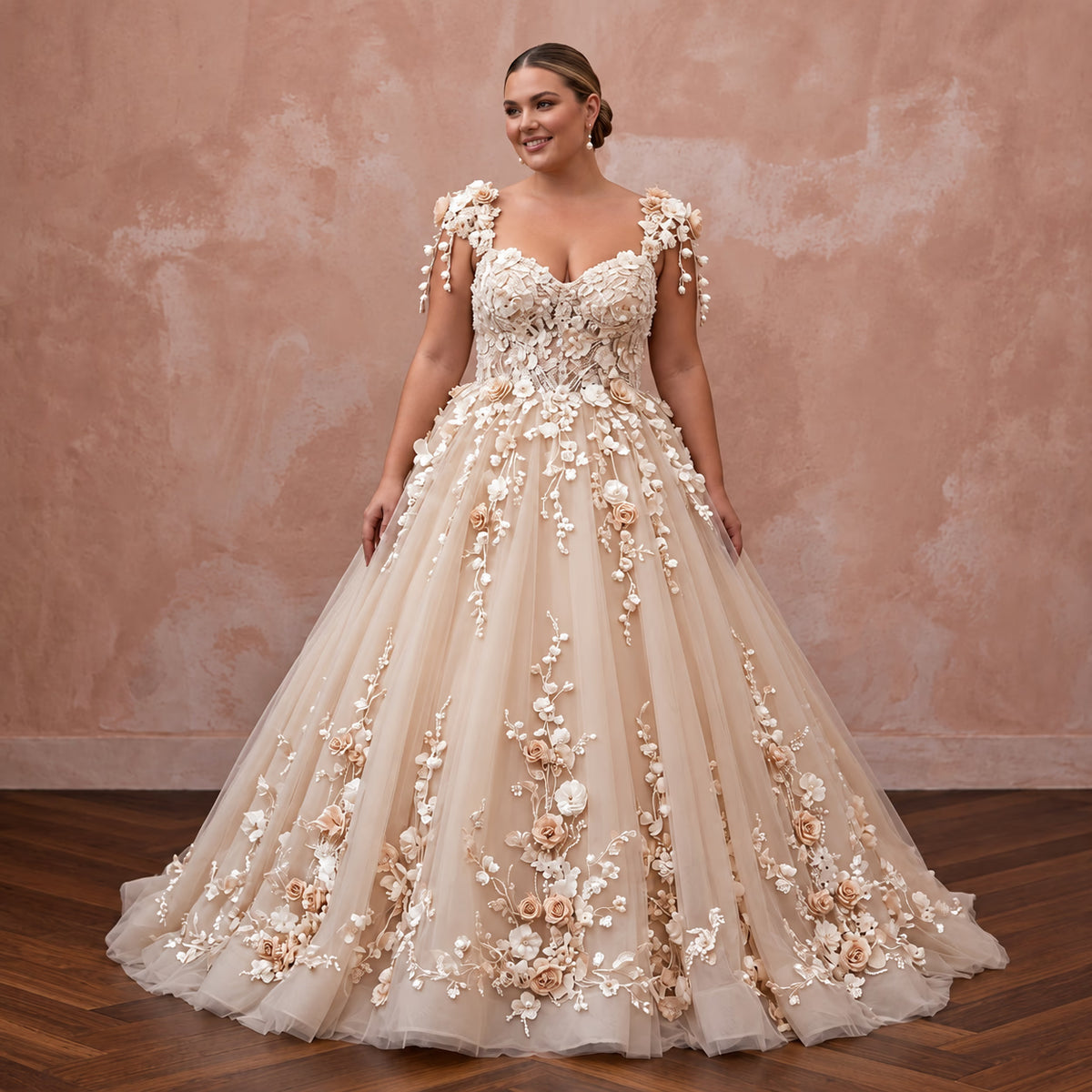 Plus Size Champagne Tulle Ball Gown with 3D Floral Appliques for Spring Wedding - Apparel & Accessories > Clothing > Wedding & Bridal Party Dresses > Wedding Dresses - Mignonette Bridal Main image