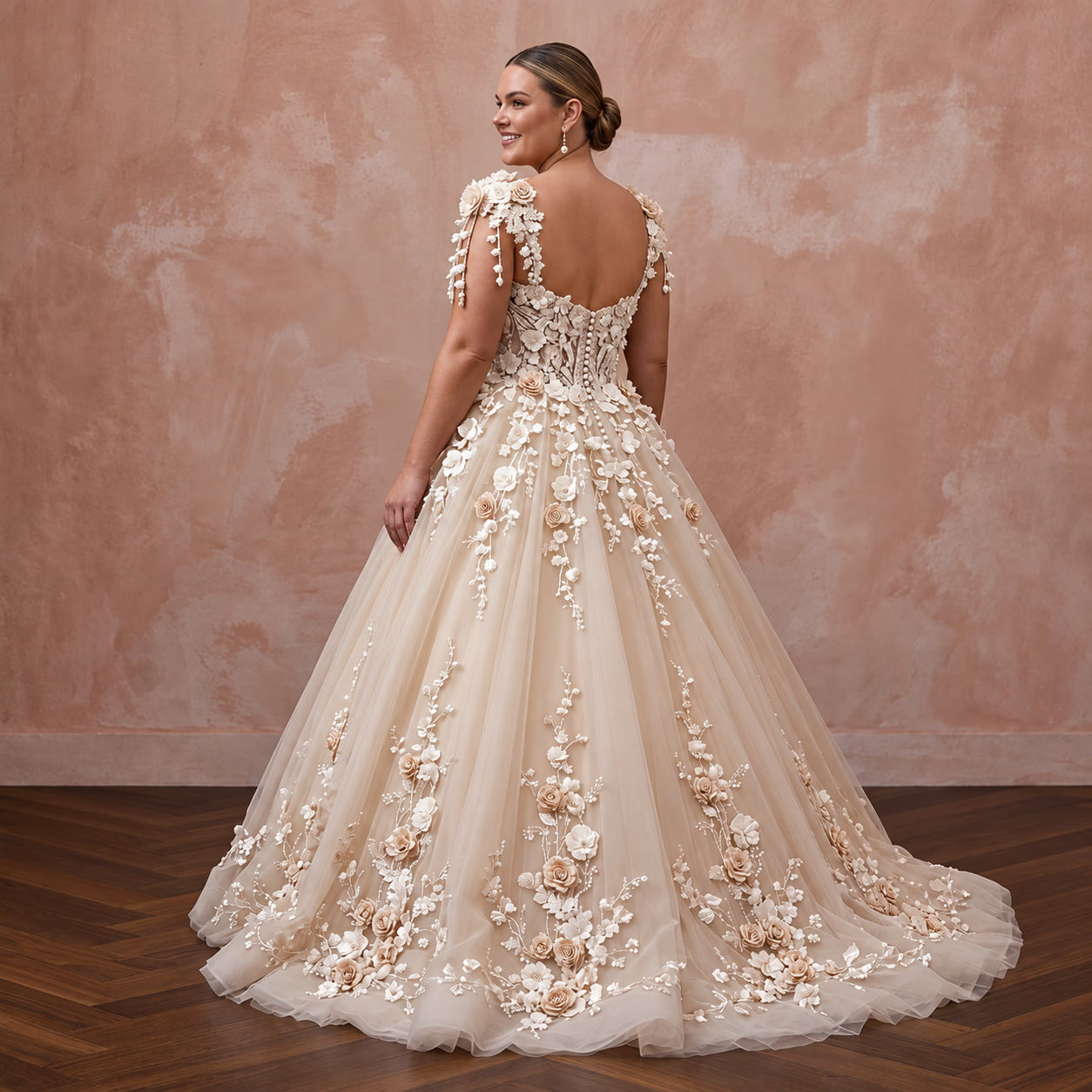 Plus Size Champagne Tulle Ball Gown with 3D Floral Appliques for Spring Wedding Secondary image