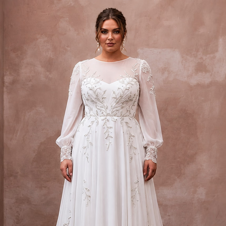 Plus Size Chiffon Wedding Dress with Long Sleeves