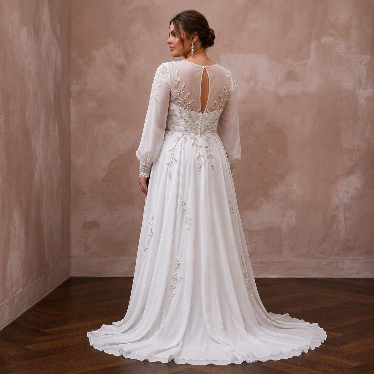 Plus Size Chiffon Wedding Dress with Long Sleeves