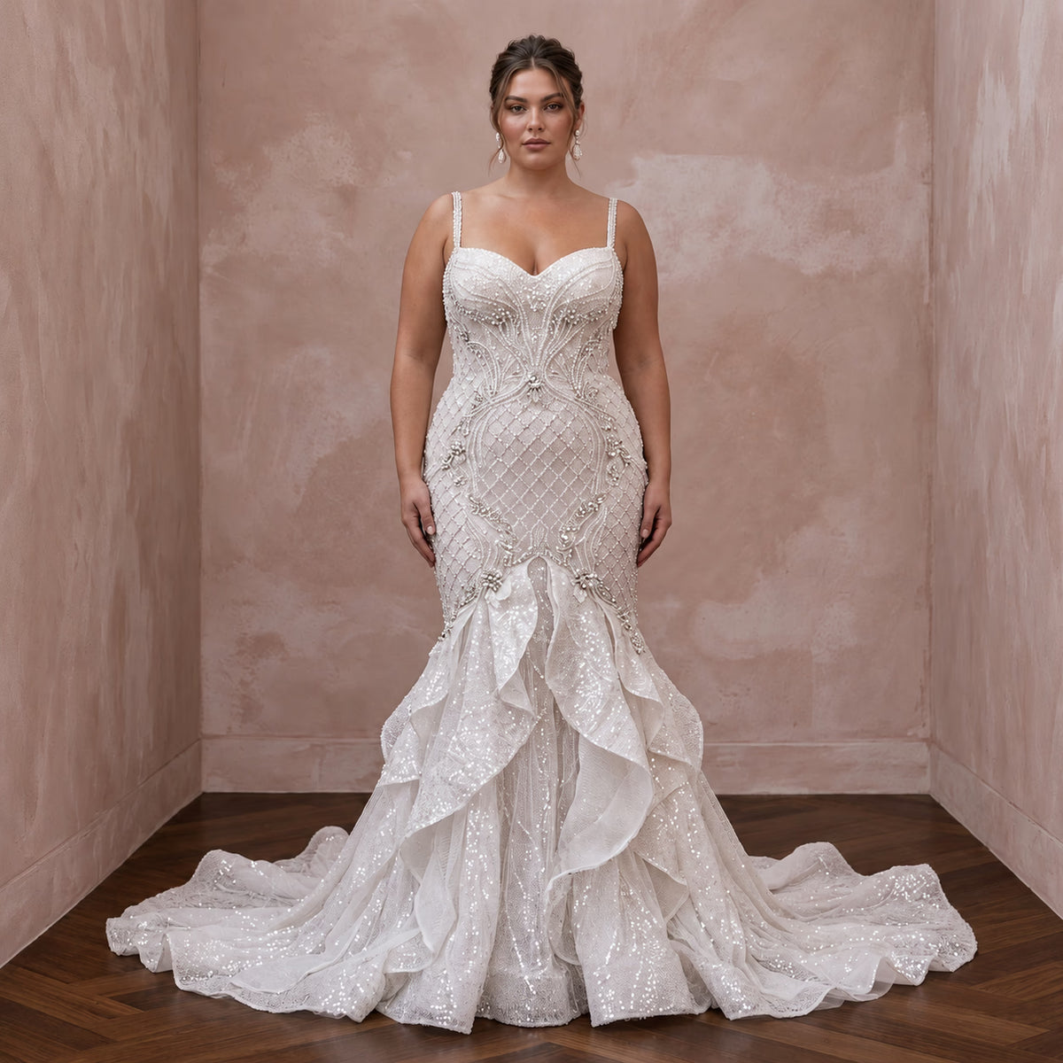 Plus Size Diamond White Sequined Tulle Mermaid Gown for Evening Reception - Apparel & Accessories > Clothing > Wedding & Bridal Party Dresses > Wedding Dresses - Mignonette Bridal