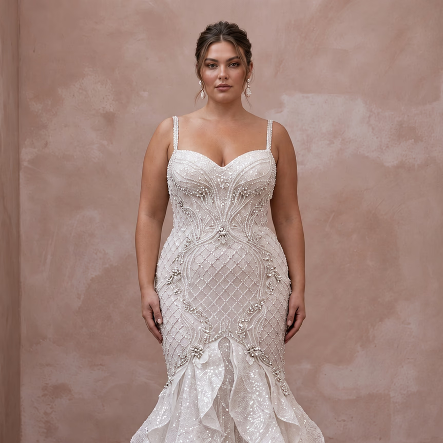 Plus Size Diamond White Sequined Tulle Mermaid Gown for Evening Reception - Apparel & Accessories > Clothing > Wedding & Bridal Party Dresses > Wedding Dresses - Mignonette Bridal