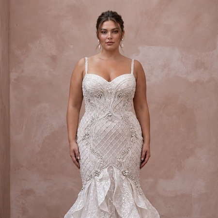 Plus Size Diamond White Sequined Tulle Mermaid Gown for Evening Reception - Apparel & Accessories > Clothing > Wedding & Bridal Party Dresses > Wedding Dresses - Mignonette Bridal