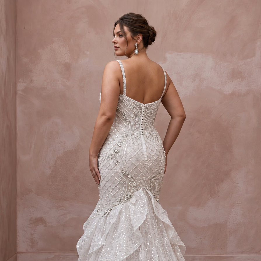 Plus Size Diamond White Sequined Tulle Mermaid Gown for Evening Reception - Apparel & Accessories > Clothing > Wedding & Bridal Party Dresses > Wedding Dresses - Mignonette Bridal