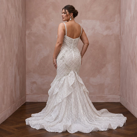 Plus Size Diamond White Sequined Tulle Mermaid Gown for Evening Reception - Apparel & Accessories > Clothing > Wedding & Bridal Party Dresses > Wedding Dresses - Mignonette Bridal