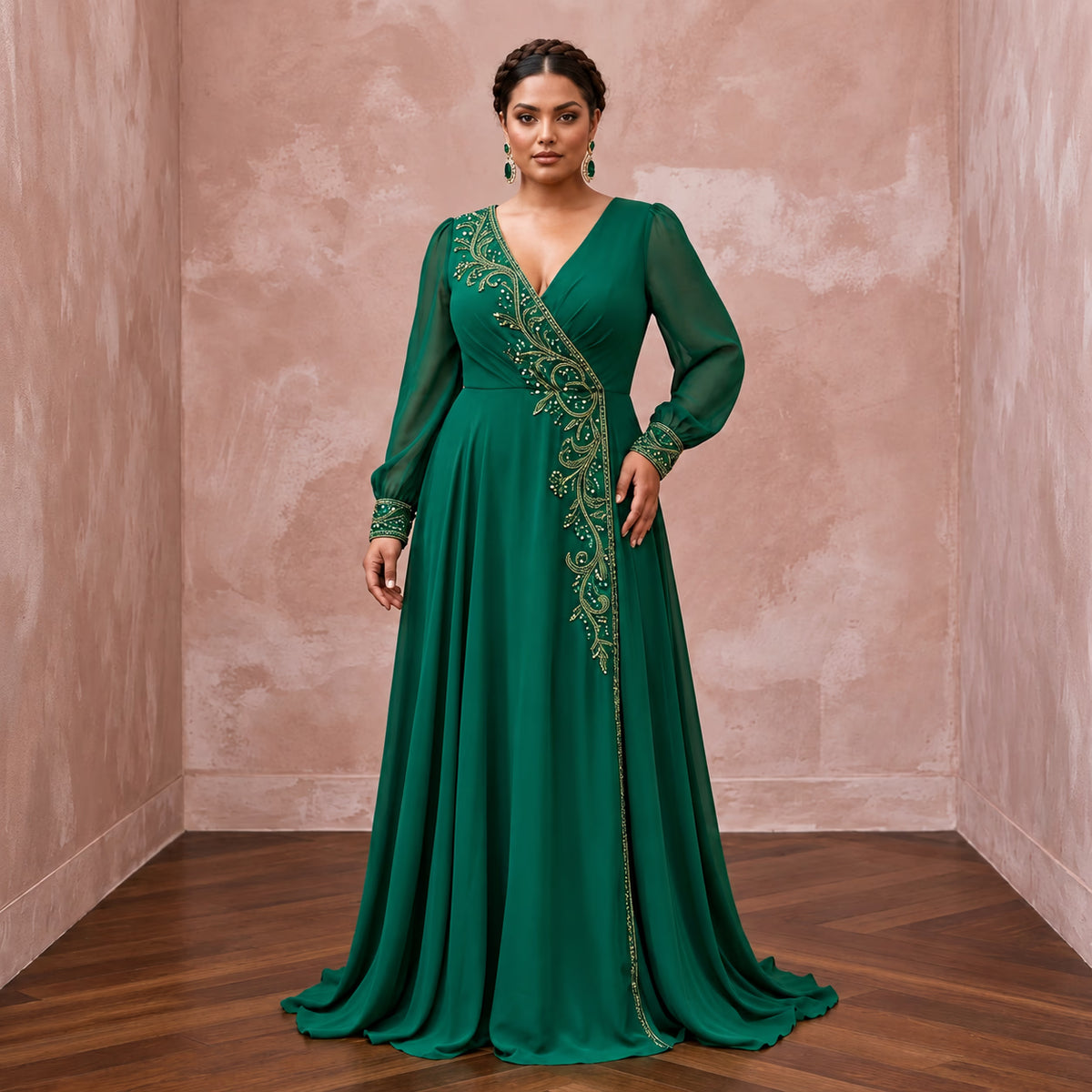 Plus Size Emerald Green Chiffon Faux Wrap Long Sleeve Evening Dress Main image