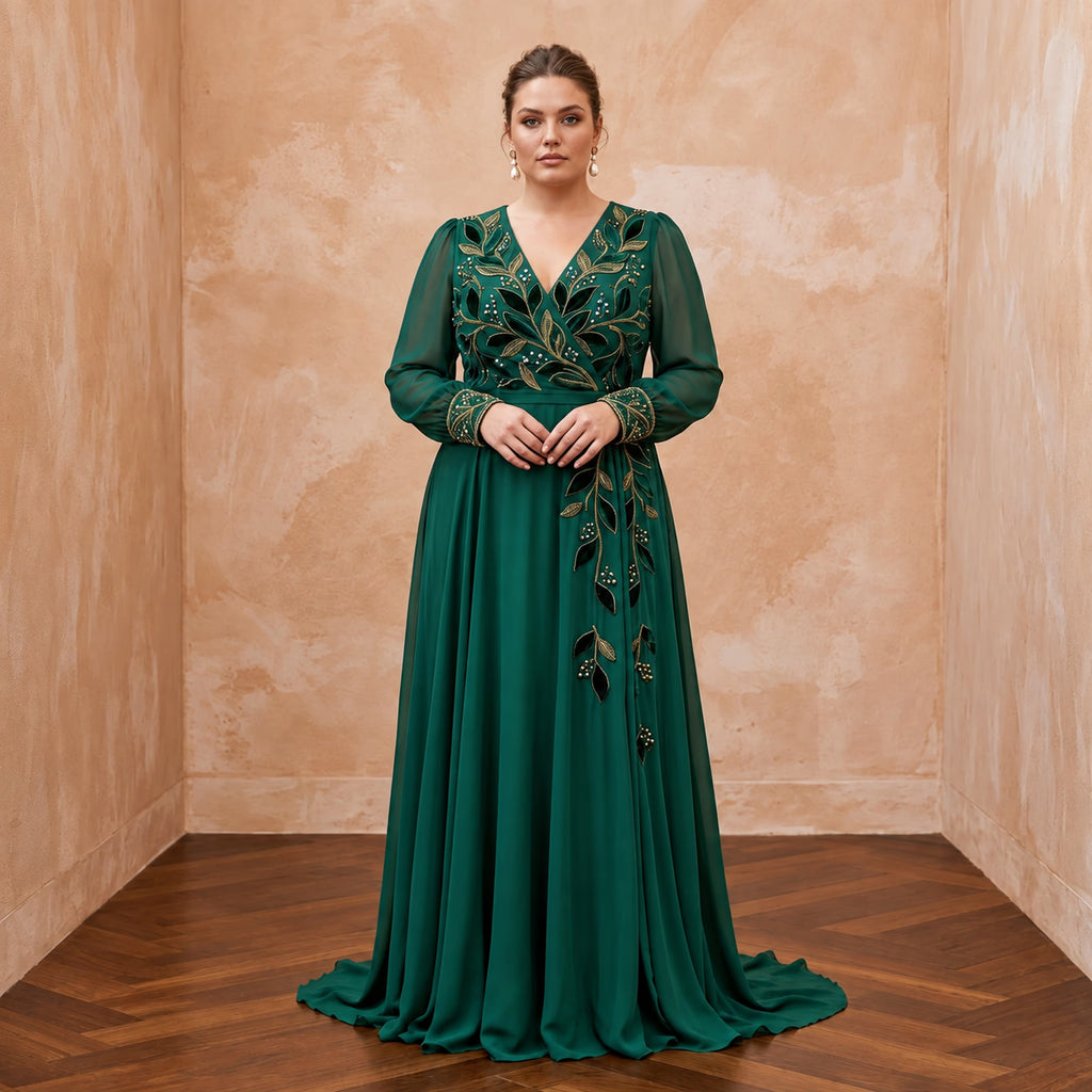Plus Size Emerald Green Chiffon Faux Wrap Long Sleeve Evening Dress