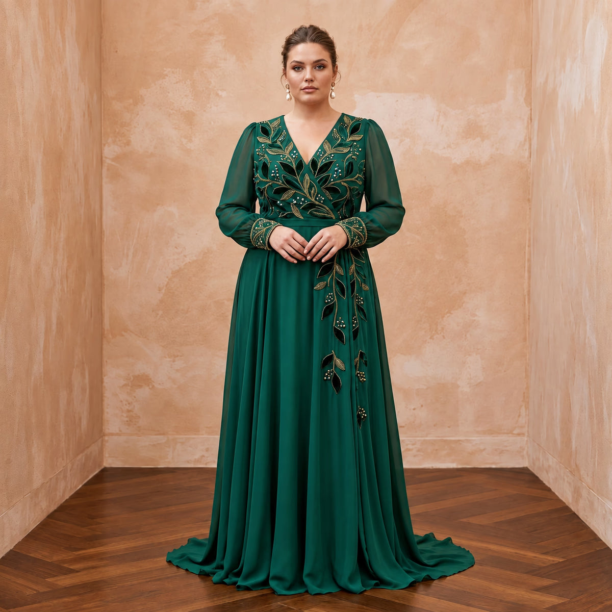 Plus Size Emerald Green Chiffon Faux Wrap Long Sleeve Evening Dress