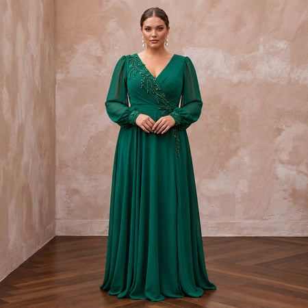 Plus Size Emerald Green Chiffon Faux Wrap Long Sleeve Evening Dress