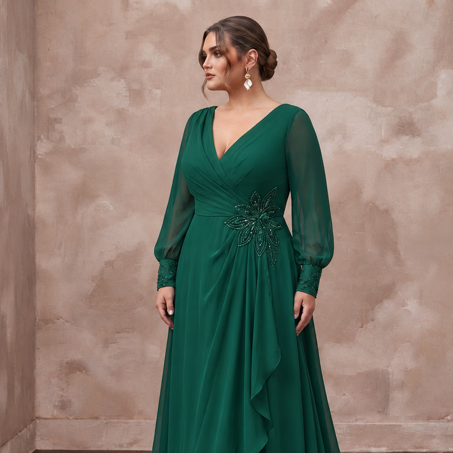 Plus Size Emerald Green Chiffon Faux Wrap Long Sleeve Evening Dress