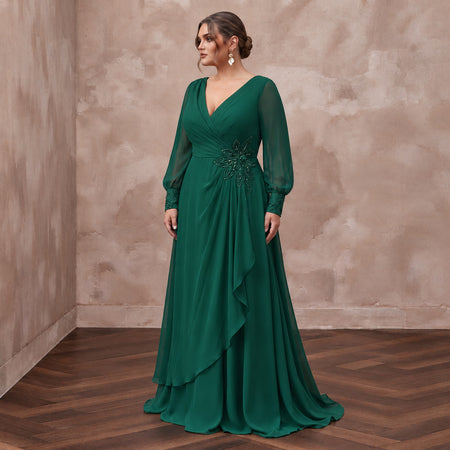 Plus Size Emerald Green Chiffon Faux Wrap Long Sleeve Evening Dress