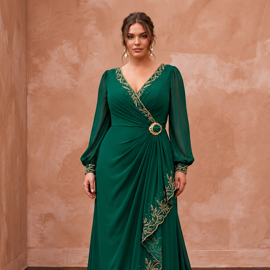 Plus Size Emerald Green Chiffon Faux Wrap Long Sleeve Evening Dress