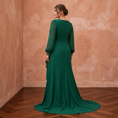 Plus Size Emerald Green Chiffon Faux Wrap Long Sleeve Evening Dress