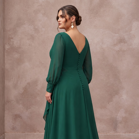 Plus Size Emerald Green Chiffon Faux Wrap Long Sleeve Evening Dress