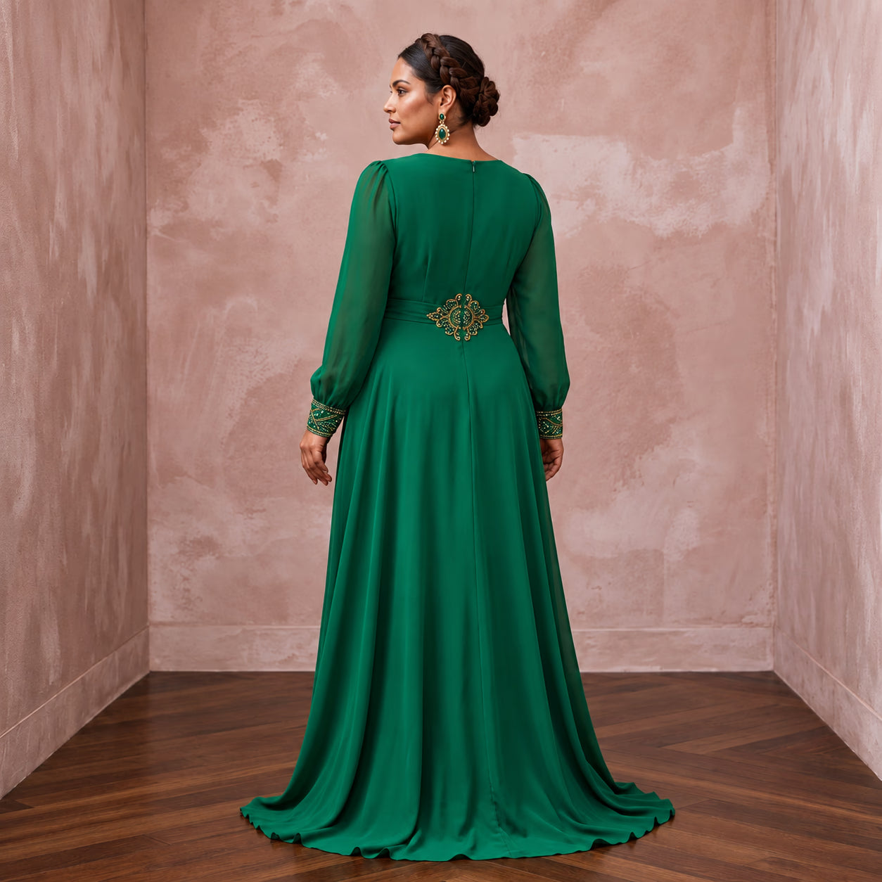 Plus Size Emerald Green Chiffon Faux Wrap Long Sleeve Evening Dress Secondary image