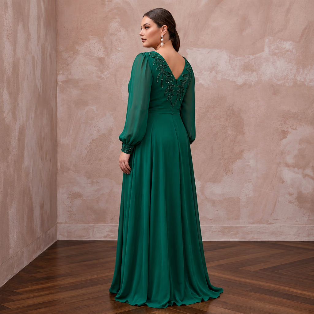 Plus Size Emerald Green Chiffon Faux Wrap Long Sleeve Evening Dress